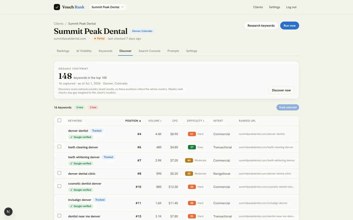 The keyword discovery table, listing everything the domain ranks for in Google's top 100